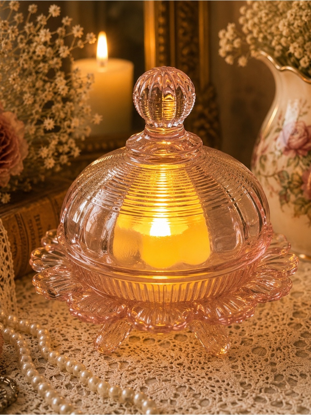 Vintage Pink Mosser Glass Candy Dish Fairy Lamp Cottagecore Glow